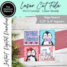 Load image into Gallery viewer, Valentine Penguin Winter Love Laser Cut File | Laser Cut File | Interchangeable Frame | Valentine Sign Inserts | Valentine Penguin SVG