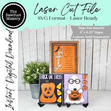 Load image into Gallery viewer, Spooky Season Sign Trio Bundle Laser Cut File | Interchangeable Frame | Halloween Sign Inserts | 5" x 6.25" signs