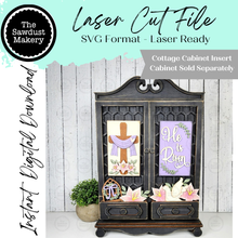 Load image into Gallery viewer, Add-on He is Risen Cottage Cabinet Insert SVG | Laser Cut File | Cottage Cabinet Shelf Sitter | Seasonal Insert | Interchangeable Decor