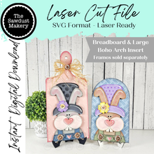 Load image into Gallery viewer, Prim Easter Bunny Breadboard and Large Arched Boho Sign Insert | Easter Decor | SVG Laser File | Boho Signs | Farmhouse Decor