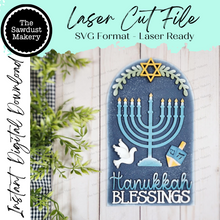 Load image into Gallery viewer, Interchangeable Large Arched Boho Sign Insert | Hanukkah Blessings | SVG Laser Cut File | Boho Signs | Seasonal Interchangeable SVG