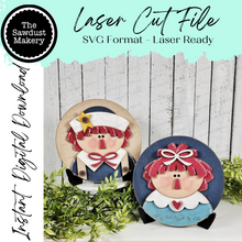 Load image into Gallery viewer, 6" Round Raggedy Ann & Andy Sign Set SVG File | Laser Cut File | Interchangeable Frame | Americana SVG | Primitive SVG