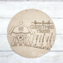 Load image into Gallery viewer, Farm Fresh Christmas Trees Door Hanger SVG File | Laser Cut Barn Christmas (Digital Download)