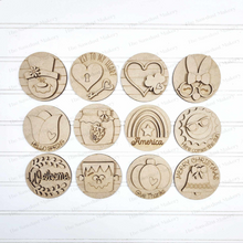 Load image into Gallery viewer, Vol. 6 ~ 12 Month Seasonal Round Bundle | Candy/Mason/Cookie Jar lid Interchangeable Frame SVG | Laser Cut File | Interchangeable Frame