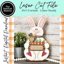 Load image into Gallery viewer, Carrot Patch Bunny Shelf Sitter SVG | Laser Cut File | Glowforge | Easter SVG | Bunny laser cut file | Bunny svg | Easter Mantle Decor