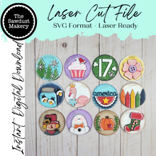 Load image into Gallery viewer, Vol. 7 ~ 12 Month Seasonal Round Bundle | Candy/Mason/Cookie Jar lid Interchangeable Frame SVG | Laser Cut File | Interchangeable Frame