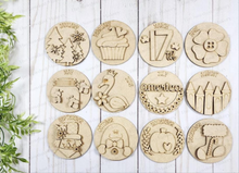 Load image into Gallery viewer, Vol. 7 ~ 12 Month Seasonal Round Bundle | Candy/Mason/Cookie Jar lid Interchangeable Frame SVG | Laser Cut File | Interchangeable Frame