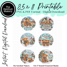 Load image into Gallery viewer, Christmas Highland Cows Aqua 3" Round Printables