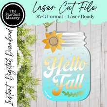 Load image into Gallery viewer, Hello Fall Mason Jar Door Hanger SVG File | Laser Cut File | Fall SVG File | Door Hanger SVG | Fall Welcome Sign