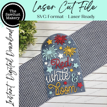 Load image into Gallery viewer, Interchangeable Large Arched Boho Sign Insert | Red White & Boom 4th of July | Laser Cut File | Boho Signs | Seasonal Interchangeable SVG