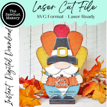 Load image into Gallery viewer, Thanksgiving Gnome SVG File | Laser Cut File | Standing Pilgrim Gnome SVG File | SVG | Gnome Shelf Sitter | Give Thanks Gnome | Turkey