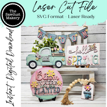 Load image into Gallery viewer, Hello Spring Tiered Tray SVG File | Spring svg  | Laser Cut File | Glowforge | Spring SVG File | Bloom SVG | Flowers | Spring Truck