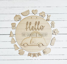 Load image into Gallery viewer, Hello Door Hanger | Interchangeable Season Door Hanger | VW Bug | Laser Cut file | Interchangeable Door Hanger