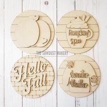 Load image into Gallery viewer, 6" Round Hello Fall Sign Set SVG File | Laser Cut File | Interchangeable Frame | Pumpkin| Sweater Weather | Pumpkin Spice | Hello Fall SVG