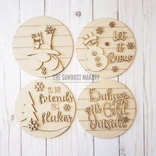 Load image into Gallery viewer, 6" Round Snowman Winter Sign Set SVG File | Laser Cut File | Interchangeable Frame | Winter Gnome SVG | Let it Snow | Baby it's Cold SVG