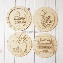 Load image into Gallery viewer, 6" Round Back to School Sign Set SVG File | Laser Cut File | Interchangeable Frame | Apples | School | Best Teacher Ever | School SVG