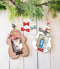 Load image into Gallery viewer, Christmas Photo Frame Ornaments SVG File | Laser Cut File | Ornament SVG | Snowman Ornament SVG | Gingerbread Ornament svg | Glowforge