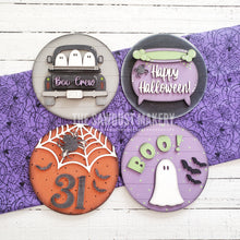 Load image into Gallery viewer, 6" Round Halloween Sign Set SVG File | Laser Cut File | Interchangeable Frame | Happy Halloween | Boo Ghost | Halloween Truck | Oct 31 SVG