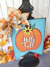 Load image into Gallery viewer, Hello Fall Door Hanger | Thanksgiving | Door Hanger | SVG File | Laser Cut File | Glowforge | Pumpkin | Fall SVG Decor | Pumpkin SVG