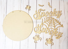Load image into Gallery viewer, Spooky Halloween Door Hanger | Halloween | Door Hanger | SVG File | Laser Cut File | Glowforge | Bats | Fall SVG Decor | Spiderweb SVG