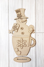 Load image into Gallery viewer, Hot Cocoa Snowman Mug SVG File | Laser Cut File | Winter Snowman SVG | Hot Cocoa Bar SVG | Snowman Shelf Sitter Digital Cut File