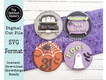Load image into Gallery viewer, 6" Round Halloween Sign Set SVG File | Laser Cut File | Interchangeable Frame | Happy Halloween | Boo Ghost | Halloween Truck | Oct 31 SVG
