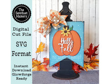Load image into Gallery viewer, Hello Fall Door Hanger | Thanksgiving | Door Hanger | SVG File | Laser Cut File | Glowforge | Pumpkin | Fall SVG Decor | Pumpkin SVG