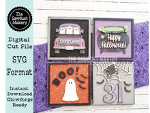 Load image into Gallery viewer, 6"x 6" Halloween Sign Laser SVG File | Laser Cut File | Interchangeable Frame | Leaning Ladder | Happy Halloween | Halloween Sign Laser file
