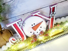 Load image into Gallery viewer, Joy Standing Snowman Shelf Sitter SVG | Snowman laser cut file Let it Snow | Glowforge | Snowman | Snowbird | Cardinal | Winter SVG