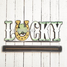 Load image into Gallery viewer, Lucky Standing St. Patrick's Day Shelf Sitter SVG | Lucky laser cut file | Laser SVG | Glowforge | Shamrock | Lucky SVG | Mantle svg