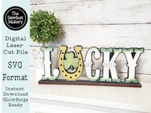 Load image into Gallery viewer, Lucky Standing St. Patrick's Day Shelf Sitter SVG | Lucky laser cut file | Laser SVG | Glowforge | Shamrock | Lucky SVG | Mantle svg