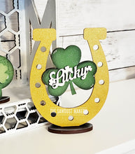 Load image into Gallery viewer, Standing St. Patrick's Day Shelf Sitter SVG | Lucky laser cut file | Laser SVG | Glowforge | Shamrock | Lucky SVG | Mantle svg | Truck svg