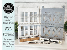 Load image into Gallery viewer, Farmhouse Tiered Tray Stand SVG | Window Box Display Shelf SVG | Laser Cut File | Tiered Tray Holder SVG | Home Decor Mantle svg file
