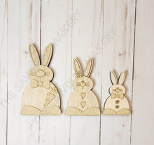 Load image into Gallery viewer, Easter Bunny Trio SVG File | Laser Cut File | Glowforge | Easter | Bunny Shelf Sitter | Bunny SVG | Easter SVG | Easter Scroll Saw