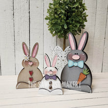 Load image into Gallery viewer, Easter Bunny Trio SVG File | Laser Cut File | Glowforge | Easter | Bunny Shelf Sitter | Bunny SVG | Easter SVG | Easter Scroll Saw