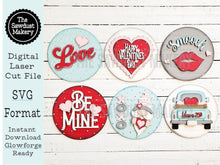 Load image into Gallery viewer, 6" Round Valentine Interchangeable Sign Set SVG File | Laser Cut File | Interchangeable Farmhouse Frame | Love | Be Mine SVG | Kisses