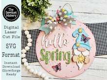 Load image into Gallery viewer, Hello Spring Gnome Door hanger SVG Laser File | Spring Laser Cut Files | Laser cut SVG | Glowforge | Gnome Door Hanger svg | Gnome svg