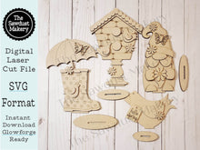 Load image into Gallery viewer, Standing Spring Shelf Sitter SVG | Spring laser cut file | Laser SVG | Glowforge | Birdhouse | Spring Gnome SVG | Mantle svg | Rainboot svg