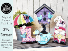 Load image into Gallery viewer, Standing Spring Shelf Sitter SVG | Spring laser cut file | Laser SVG | Glowforge | Birdhouse | Spring Gnome SVG | Mantle svg | Rainboot svg