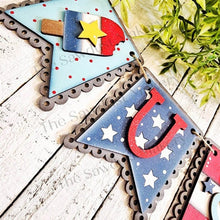 Load image into Gallery viewer, USA Patriotic Banner SVG | Laser Cut File | Glowforge | Red, White & Blue SVG | Banner svg | Banner America | 4th of July Svg | Stars