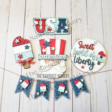 Load image into Gallery viewer, Sweet Land of Liberty Tiered Tray SVG File | Laser Cut File | Glowforge | USA | America | 4th of July | Uncle Sam SVG | Popsicle svg