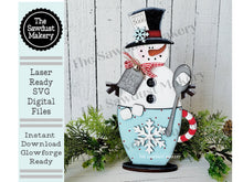 Load image into Gallery viewer, Hot Cocoa Snowman Mug SVG File | Laser Cut File | Winter Snowman SVG | Hot Cocoa Bar SVG | Snowman Shelf Sitter Digital Cut File