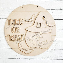 Load image into Gallery viewer, Halloween Trick or Treat Pumpkin Door Hanger | Halloween | Door Hanger | SVG File | Laser Cut File | Glowforge | Bats | Halloween SVG