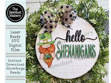 Load image into Gallery viewer, Hello Shenanigans Leprechaun Gnome Door hanger SVG Laser File | St. Patrick's Day Laser Cut Files | Laser cut SVG | Glowforge | Gnome SVG