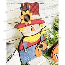 Load image into Gallery viewer, Hello Fall Shelf Sitters SVG File | Laser Cut File | Glowforge | Sunflowers | Pumpkins | Fall Mantle Decor | Fall Scarecrow laser Cut File