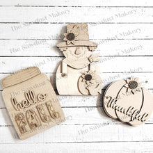 Load image into Gallery viewer, Hello Fall Shelf Sitters SVG File | Laser Cut File | Glowforge | Sunflowers | Pumpkins | Fall Mantle Decor | Fall Scarecrow laser Cut File