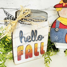 Load image into Gallery viewer, Hello Fall Shelf Sitters SVG File | Laser Cut File | Glowforge | Sunflowers | Pumpkins | Fall Mantle Decor | Fall Scarecrow laser Cut File