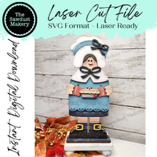 Load image into Gallery viewer, Standing Pilgrim Girl SVG File | Laser Cut File | Thanksgiving Pilgrim SVG File | Pilgrim Shelf Sitter | Fall | Thanksgiving | Pumpkin