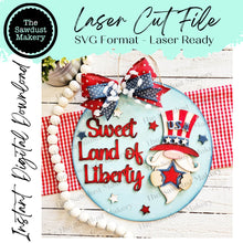 Load image into Gallery viewer, USA Gnome Door Hanger SVG File | Laser Cut File | Uncle Sam Gnome SVG File | Door Hanger svg | Summer svg | Sweet Land of Liberty svg