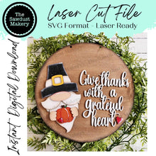 Load image into Gallery viewer, Give Thanks Thanksgiving Gnome Door Hanger | Fall | Door Hanger | SVG File | Laser Cut File | Glowforge | Gnome SVG | Fall SVG